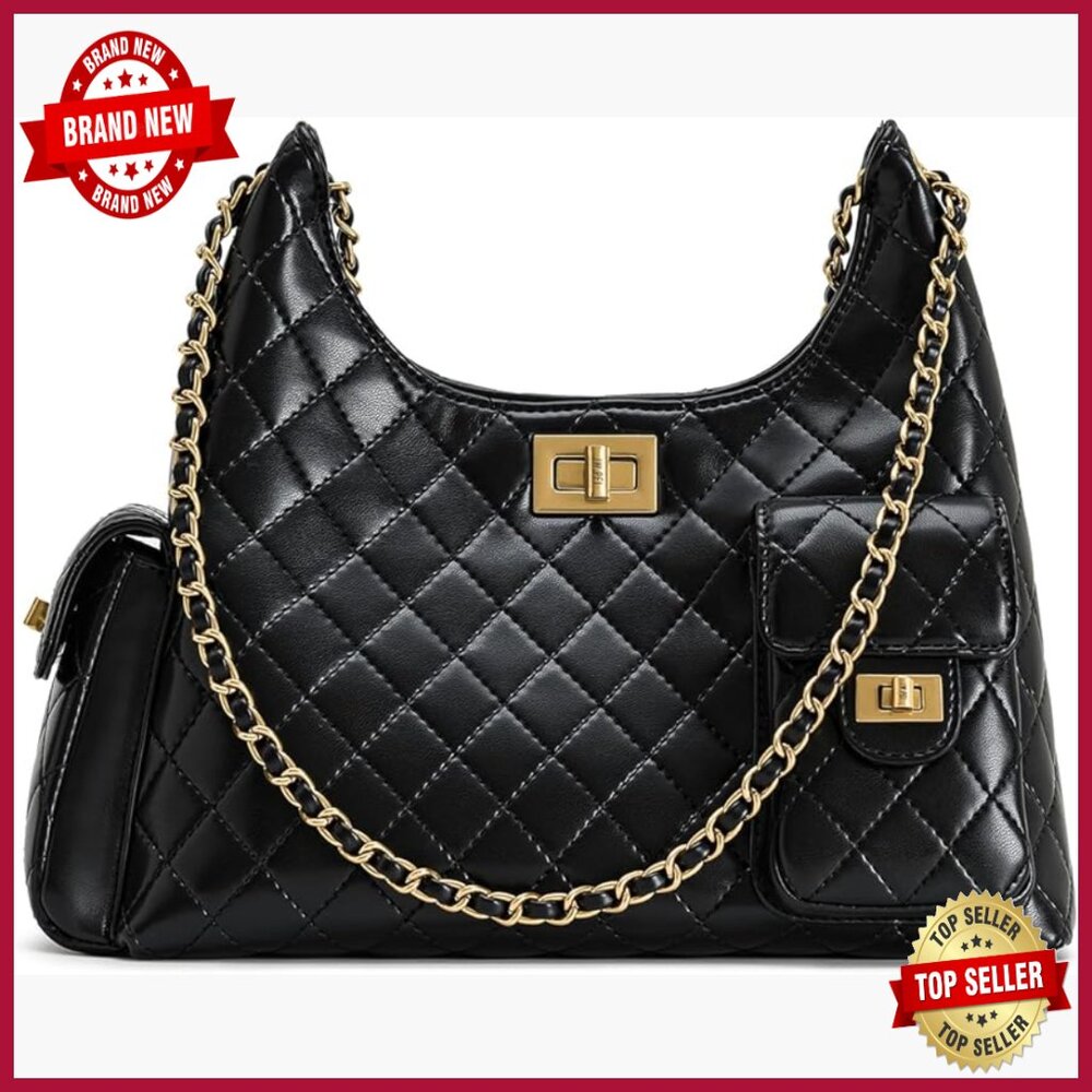Vegan Leather Quilted Satchel Shoulder Bag With Gold Chain Strap